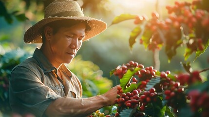 Asian man farmer drying raw coffee beans in the sun at coffee plantation in Chiang Mai Thailand Farm worker harvesting and process organic arabica coffee bean in greenhouse on the moun : Generative AI