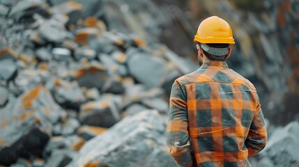 Man construction engineer wears helmet ensure safety when working in construction zone standing on pile rocks looking checking for completeness in case there is error so that it can be : Generative AI