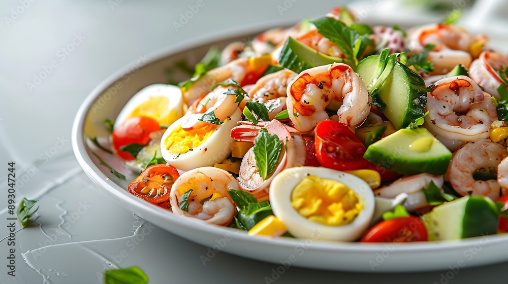 Poster Healthy salad with squid and avocado on white plate with harsh shadows Calamari salad with vegetables and eggs on white background with shadows of leaves Summer food menu : Generative AI