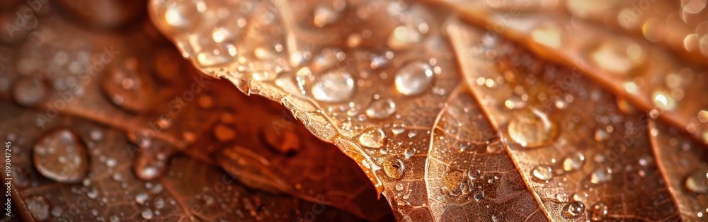 Poster A close-up view of a cluster of autumn leaves, covered in tiny dew drops. The leaves are a rich brown color, and the dew drops are glistening in the sunlight.