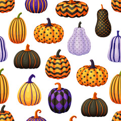 Halloween cartoon holiday ornament patterned pumpkins seamless pattern. Vector tile background with colorful gourd plants with dots, rhombus, stripes or zig-zag decor. Wallpaper or textile design