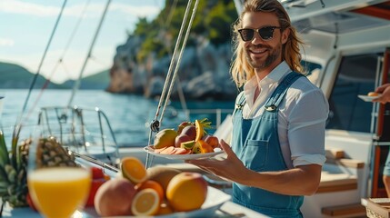 Male waiter serving fresh fruit to tourist while catamaran boat sailing in the sea in sunny day Man and woman friends relax and enjoy luxury outdoor lifestyle sail yacht on summer trav : Generative AI