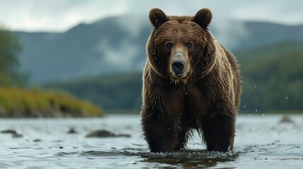 Obraz premium Brown bear Ursus Arctos stands in the water behind mountains Katmai National Park Alaska USA : Generative AI