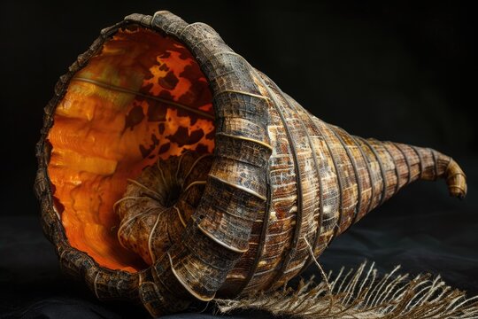 Empty cornucopia, dry pumpkin inside horn of plenty on black background. Lack of harvest and abundance concept