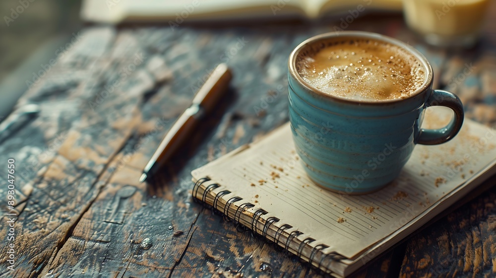 Poster cup of coffee with notepad and brown pen on wooden table top view copy space : generative ai