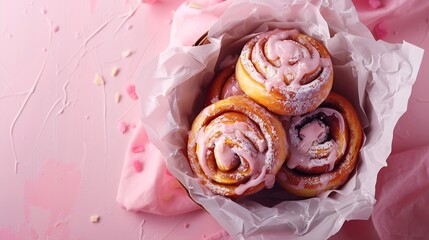 Fototapeta premium Cinnamon roll or cinnabon in paper box top view Homemade sweet traditional dessert buns with white cream sauce Pink background copy space : Generative AI
