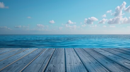 Obraz premium Wooden floor platform and blue sea with sky background : Generative AI