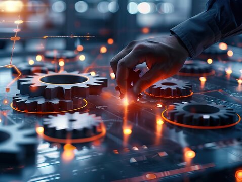Businessman's hand placing gears on a digital table symbolizing the integration of business and technology in an industrial high-tech factory setting with glowing lights.