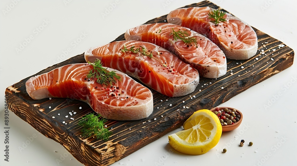 Poster wooden board with raw salmon steaks and different spices on white background : generative ai