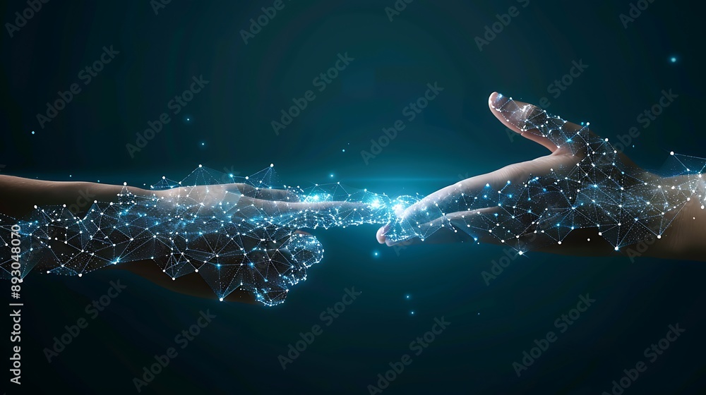 Poster hands reaching digital connection interface technology for concept of human interaction relationship