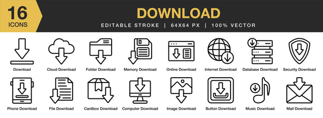 Set of 16 Download icon set. Editable Stroke Icon Collection. Includes button download, cloud download, file download, music download, image download, and More. Outline icons vector collection.