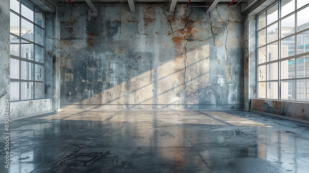 Poster empty warehouse room with grungy stucco concrete wall floor room as background corner of old grunge 