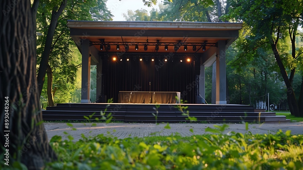 Aufkleber Empty open air stage in a park with a sound projecting roof Akniste Latvia : Generative AI