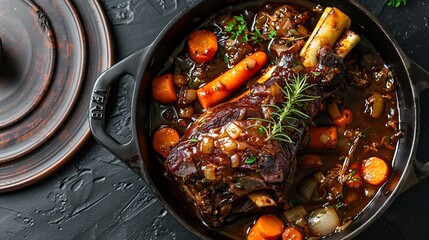 Modern style traditional braised slow cooked lamb shank in red wine sauce with shallots and carrots offered as top view in a design stewpot : Generative AI