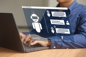  chatbot artificial intelligence. man using technology smart robot AI  by entering a command prompt...