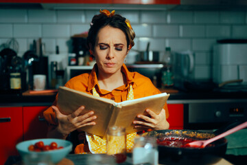 Puzzled Woman Reading a Cooking Book Looking for a Jam Recipe. Stressed housewife trying to make...