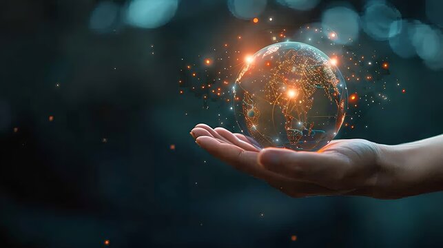Businessman holding Earth with global network connection for big data analysis digital transformation world map points international business strategy innovation technology concept.