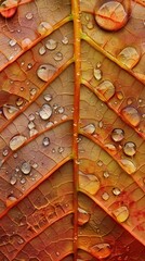 Water droplets cling to the surface of a vibrant, orange autumn leaf. The veins of the leaf are visible, and the light reflects off the water droplets, creating a beautiful, abstract pattern.