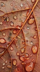 A close-up image of a brown leaf covered in water droplets, showing the intricate veins and texture of the leaf. The droplets catch the light, creating a beautiful display of color and light.