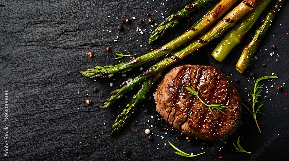 Poster grilled fillet mignon steak with roasted asparagus black background top view : generative ai