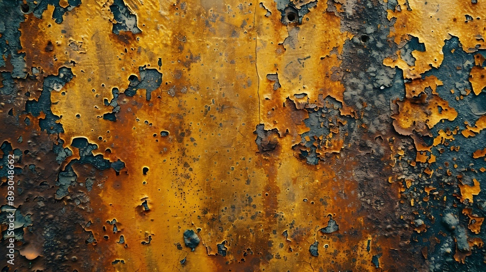 Poster orange rust stains on weathered steel plate or top view yellow iron table and old brown metal wall f