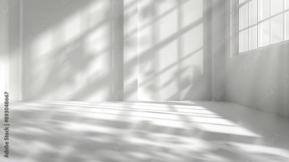 Poster Abstract White Studio Background for Product Presentation with Window Shadows and Sunlight Blurred Backdrop Empty Room With Copy Space : Generative AI