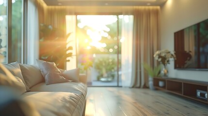 Blur living room at home with morning sunlight at big window for background usage blur interior background concept white britht tone : Generative AI