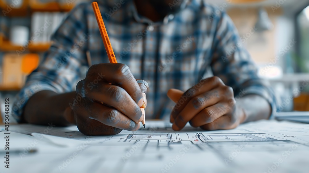 Poster Black man office and drawing on blueprint with pencil for planning a building design layout and project as architect Table construction and engineering person with idea for property re : Generative AI