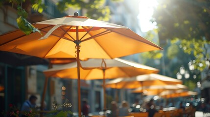 Large sun umbrellas in a street restaurant on a sunny day : Generative AI