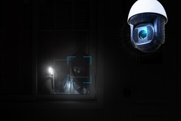 Thief use crowbar break into a house at window being caught by CCTV, surveillance camera.