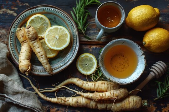 Natural Herbal Remedy with Ginseng Root, Lemon, and Honey on Wooden Table