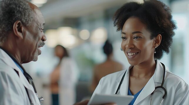 Diverse female and senior male doctor with tablet and notes talking in hospital ward copy space Hospital medical and healthcare services : Generative AI