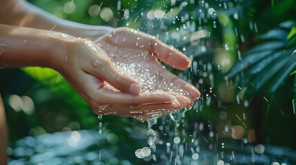 Hands woman and water for washing in bathroom for hygiene clean and healthy with wellness environment Skincare beauty and self care with splash for sustainable friendly future and hydr : Generative AI