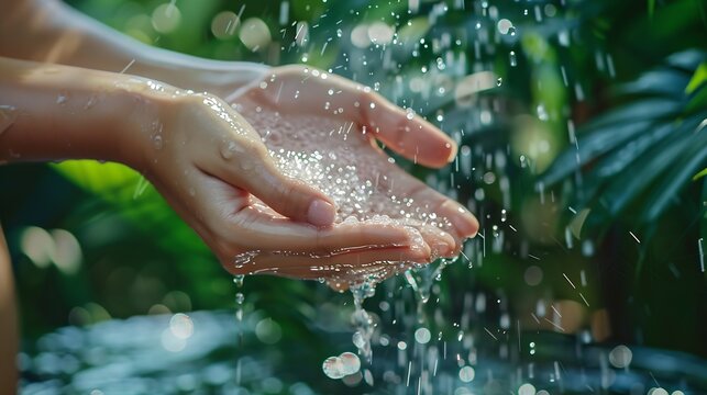 Hands woman and water for washing in bathroom for hygiene clean and healthy with wellness environment Skincare beauty and self care with splash for sustainable friendly future and hydr : Generative AI