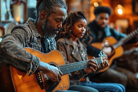 Joyful Family Harmony: Diverse Family Playing Musical Instruments Together and Sharing Love for Music in Living Room Scene
