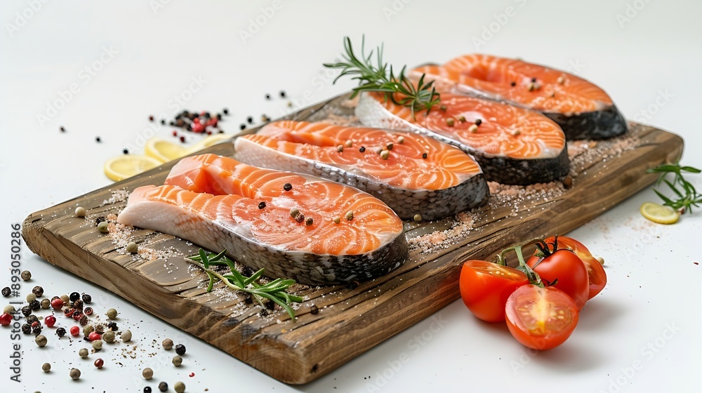 Poster wooden board with raw salmon steaks and different spices on white background : generative ai
