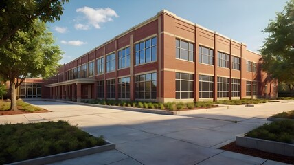 View of architecture of American school building exterior concept. AI generated image