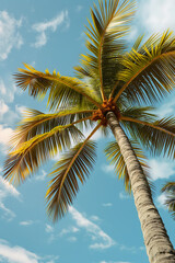 Fototapeta premium Palm tree with coconuts, against a backdrop of a blue sky and lush leaves, paradise scene