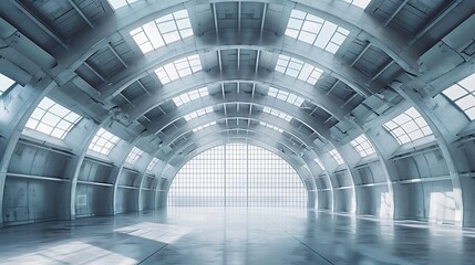 Huge empty industrial warehouse building White interior Hemispherical reinforced concrete load bearing roof with windows Unique architecture : Generative AI