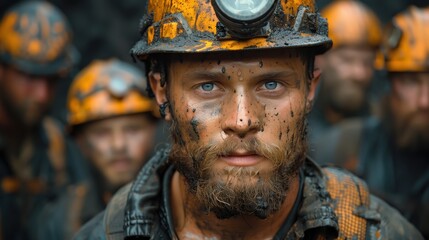 Fototapeta premium Focused Miner with Bearded Face. Bearded miner with blue eyes, covered in mud, wearing a yellow hard hat, looking directly at the camera.