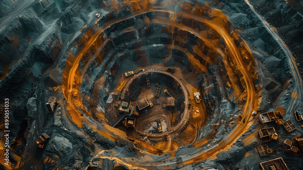 Poster aerial view of deep open-pit mine. aerial shot of a deep open-pit mine with spiral terraced roads an