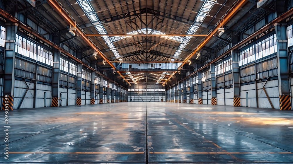 Poster large bright and empty warehouse : generative ai