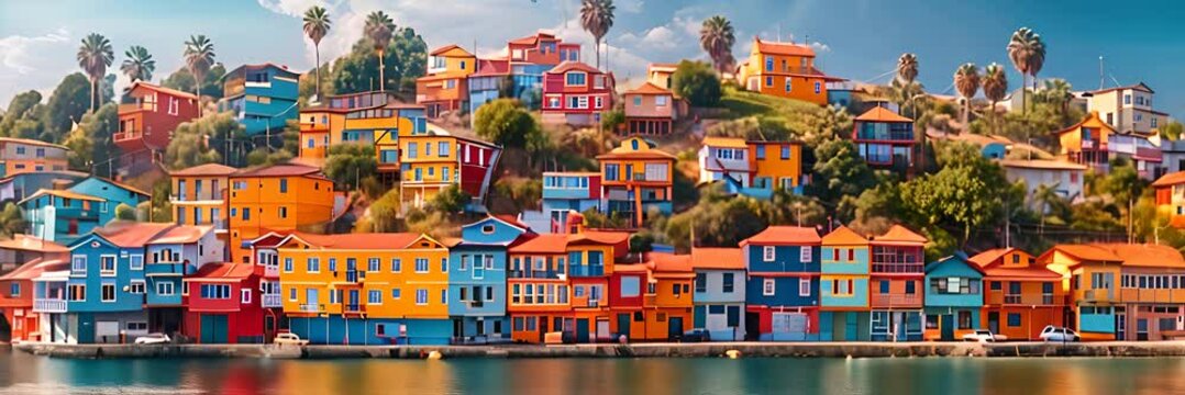 Sunny View of Ano Symi with colorful houses and Annunciation Church, Dodecanese islands