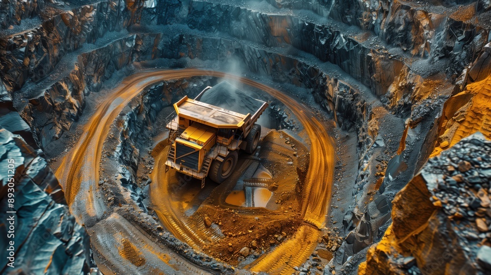 Poster dump truck in deep mining pit. massive dump truck operating in a deep mining pit, surrounded by stee