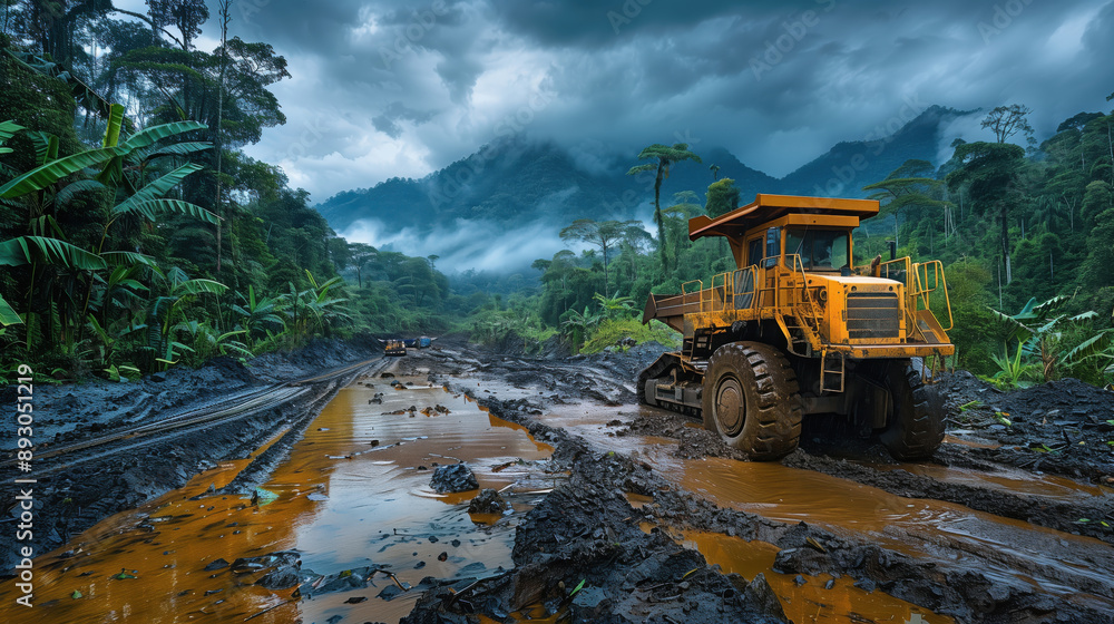 Poster mining truck in jungle terrain. mining truck navigating through muddy jungle terrain, illustrating t