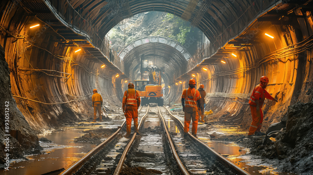 Poster workers in flooded mining tunnel. workers in orange safety gear operating in a flooded mining tunnel