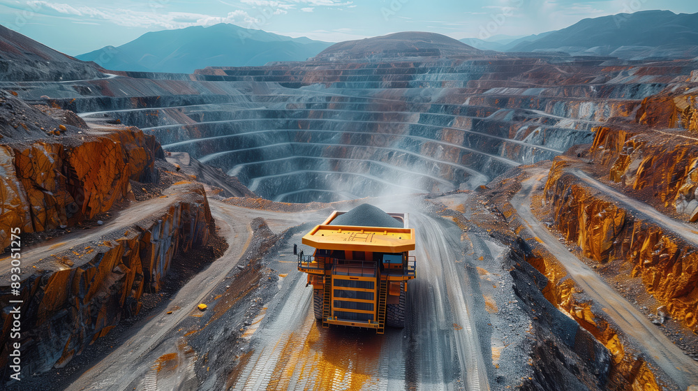 Poster terraced open-pit mine with mining truck. terraced open-pit mine with a large mining truck descendin