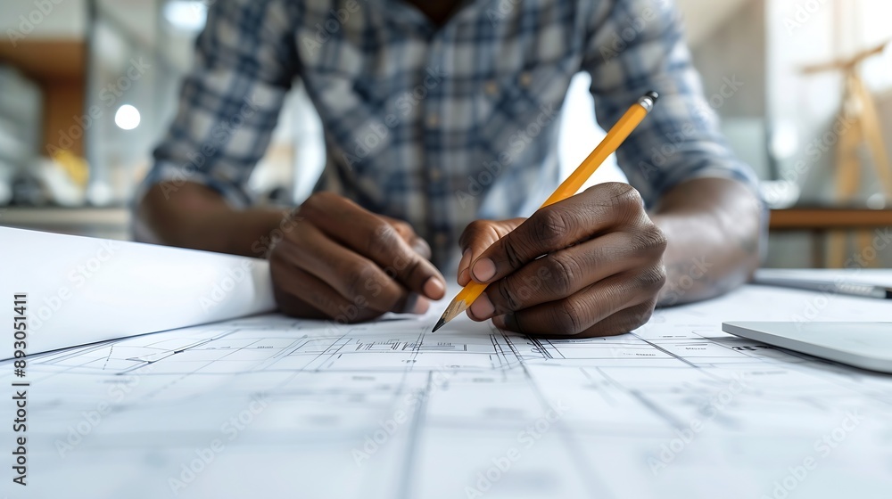 Leinwandbilder black man office and drawing on blueprint with pencil for planning a building design layout and proj