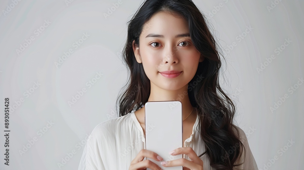 Poster beautiful asian young woman showing big smart phone with blank screen white screen empty copy space 