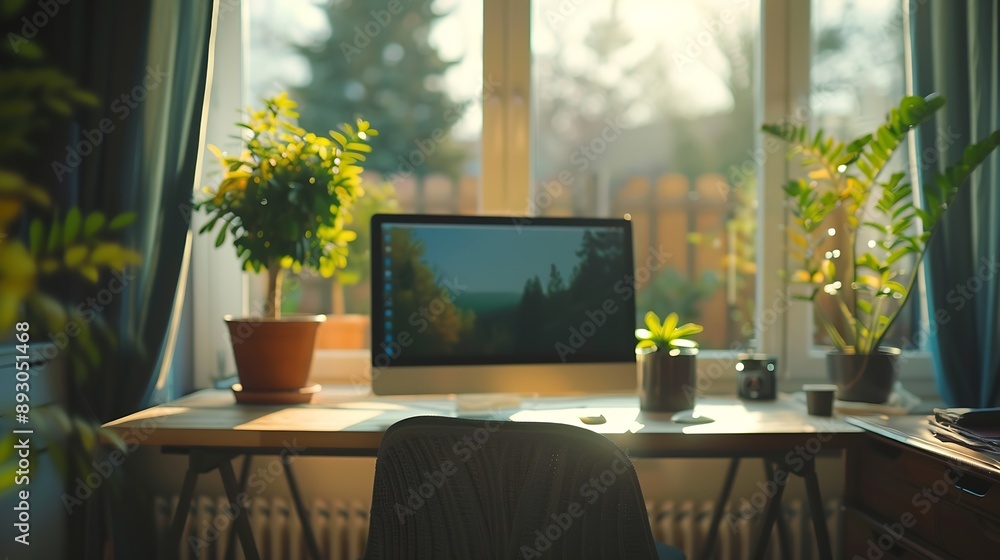 Fototapete Empty workspace and a computer in a home office for remote work business or design of desk Working creative and a table with a pc and setup for a freelance career or entrepreneurship f : Generative AI